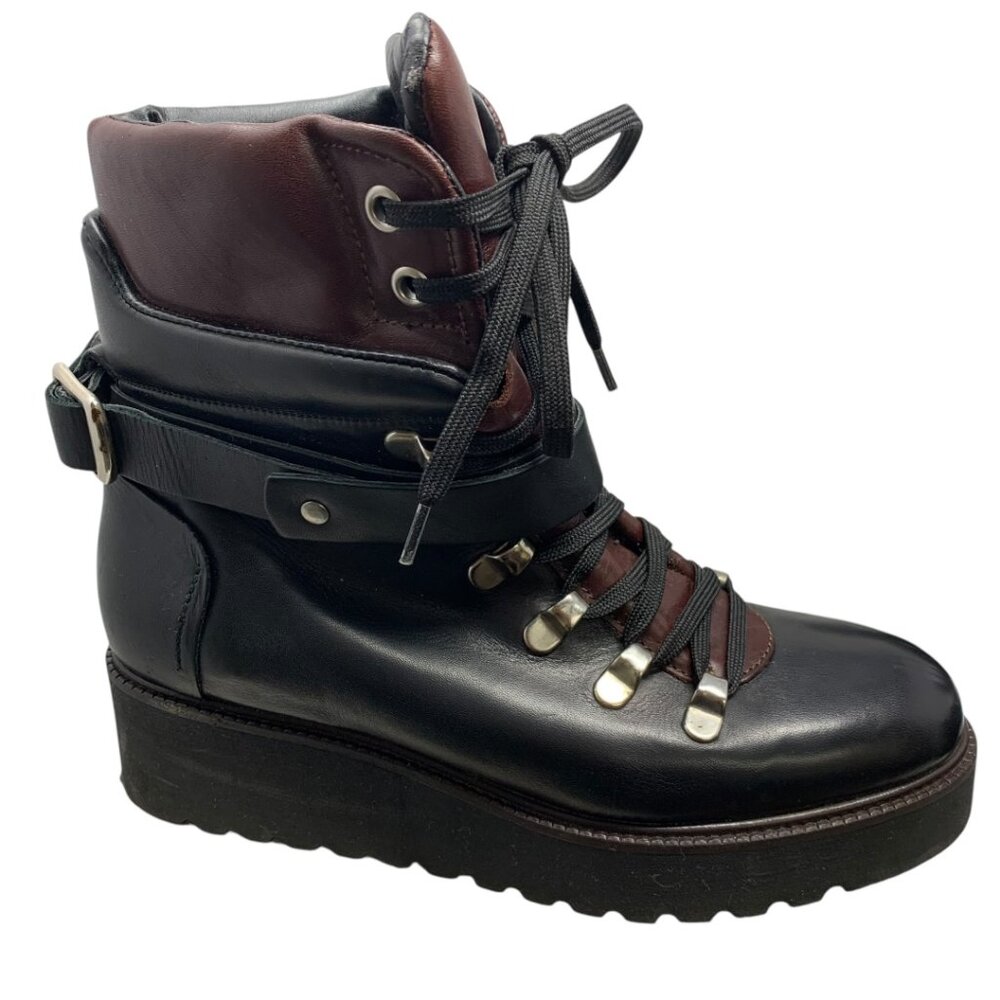 ZARA Black Leather Lace Up Wedge Mountain‎ Booties - Picture 2 of 12